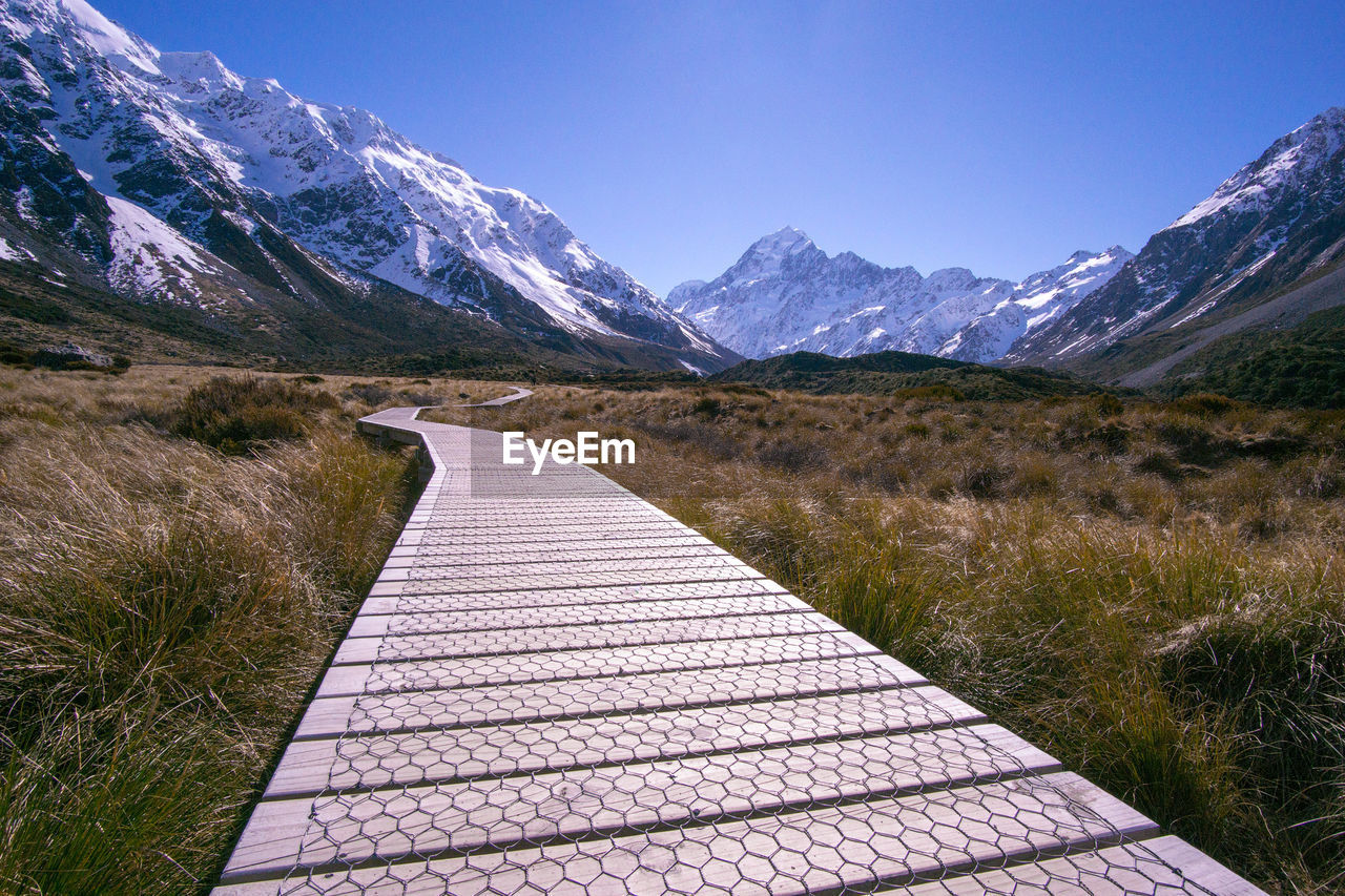 Boardwalk amidst field against sky