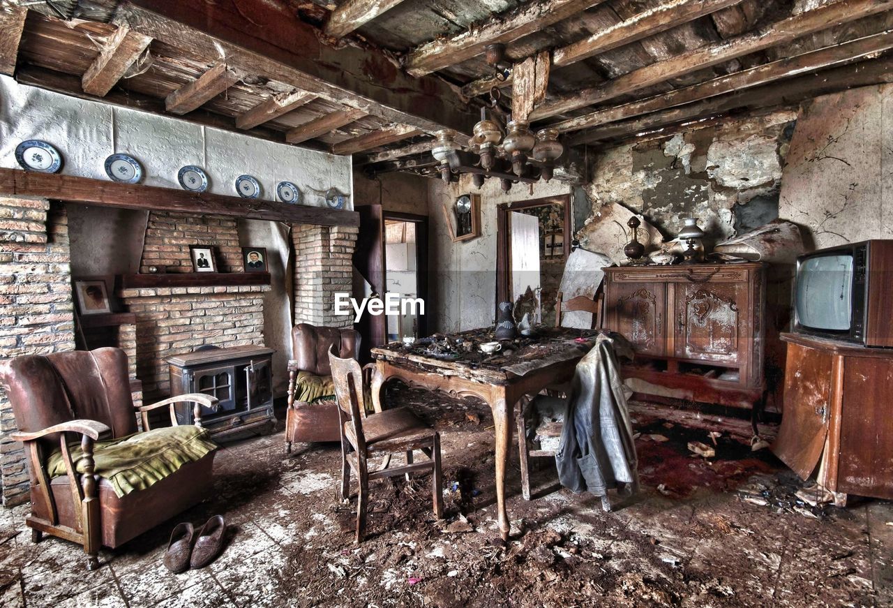 Interior of damaged abandoned home