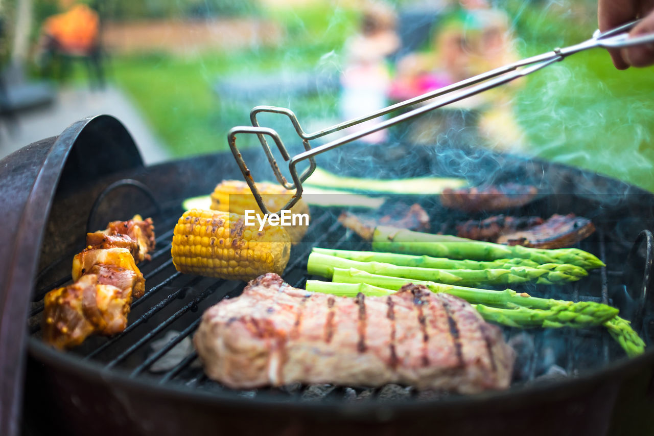 Meat and vegetables on barbecue grill