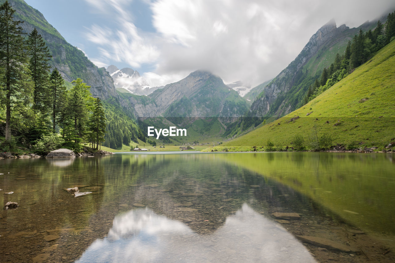 Scenic view of lake and mountains against sky