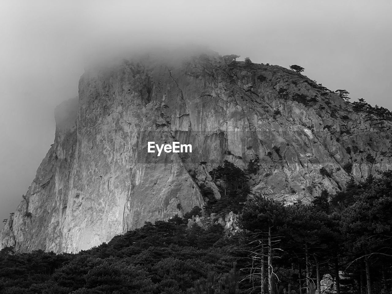 mountain, rock, environment, black and white, land, beauty in nature, landscape, scenics - nature, nature, sky, monochrome, fog, monochrome photography, tree, non-urban scene, no people, plant, travel destinations, cloud, geology, outdoors, travel, tranquility, cliff, rock formation, mountain peak, mountain range, forest, tourism, tranquil scene, ridge, physical geography, snow, day, volcano