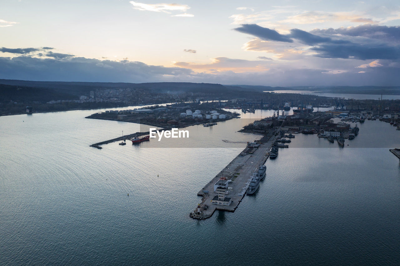 Aerial view of the sea port and industrial zone at sunset in varna, bulgaria