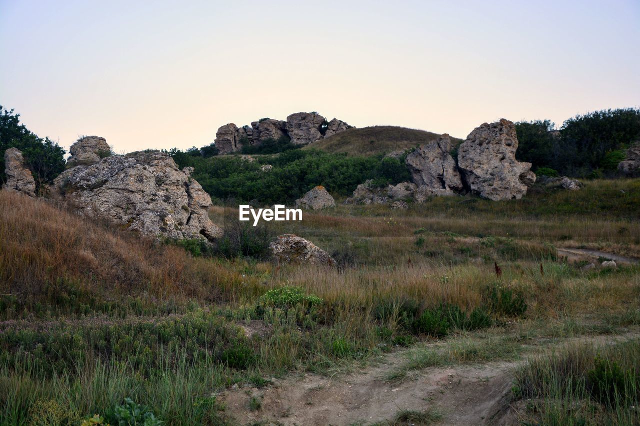 Scenic view of rocks on field against clear sky