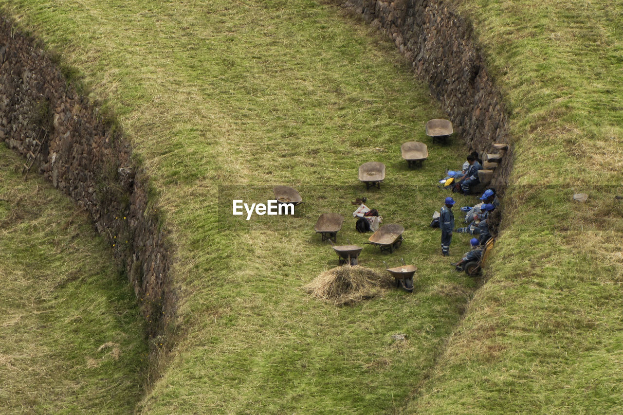 HIGH ANGLE VIEW OF PEOPLE IN FARM