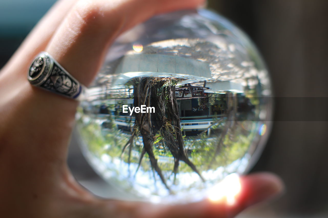 CLOSE-UP OF HAND HOLDING GLASS WITH REFLECTION OF CRYSTAL BALL