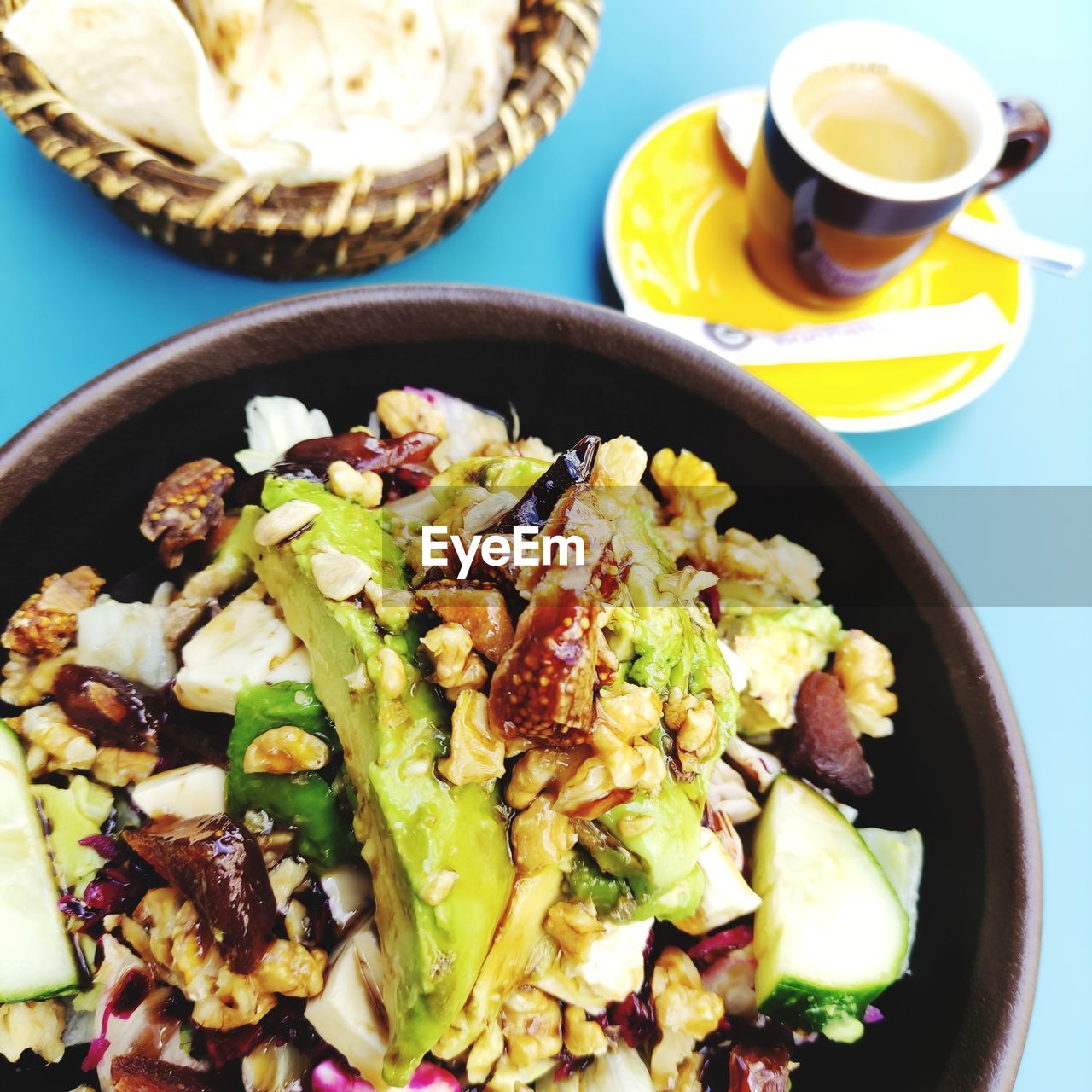 food and drink, food, healthy eating, dish, wellbeing, vegetable, produce, cuisine, meal, drink, freshness, refreshment, fruit, salad, cup, indoors, no people, vegetarian food, high angle view, mug, crockery, avocado, studio shot, bowl, plate, coffee cup