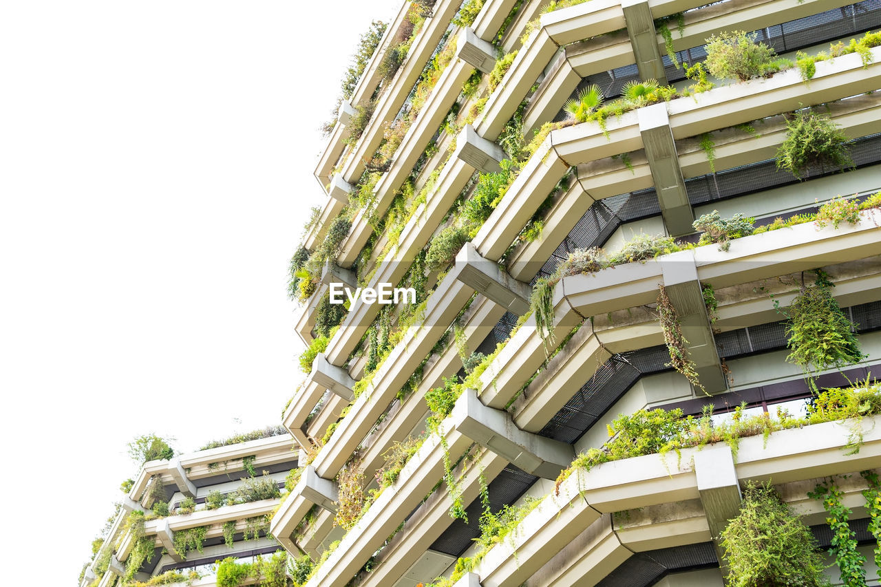 From below creative design of multistory house facade with green plants on balconies in town