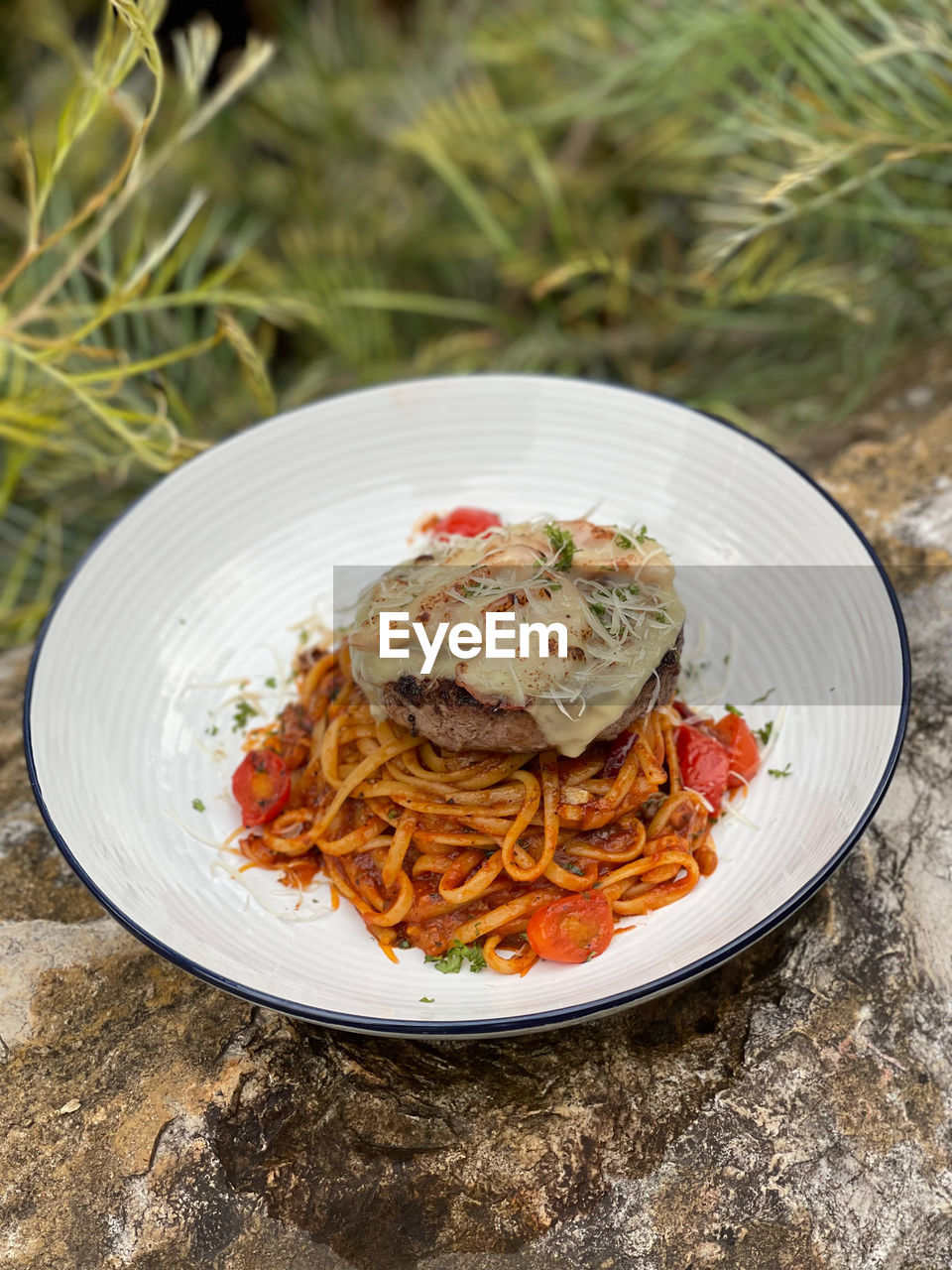 High angle view of food in plate on table