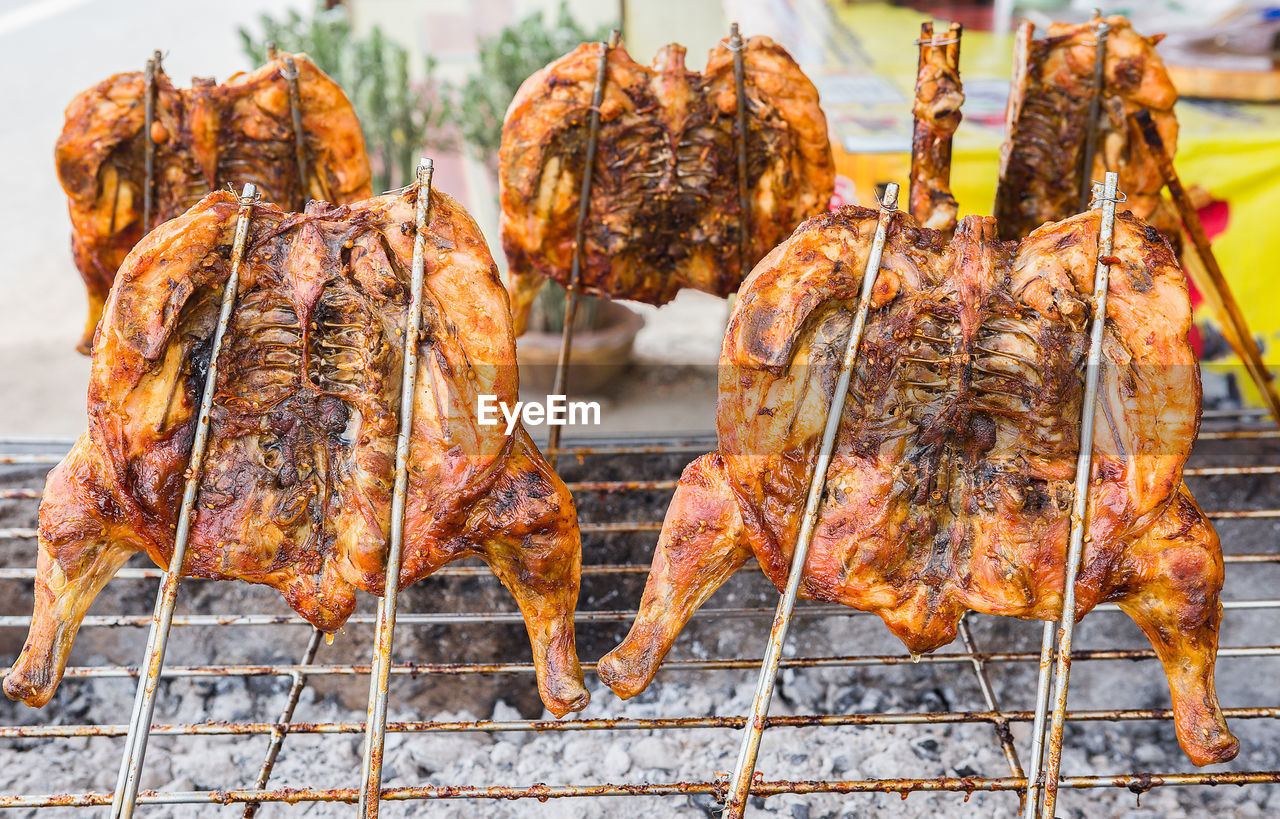 CLOSE-UP OF MEAT ON BARBECUE