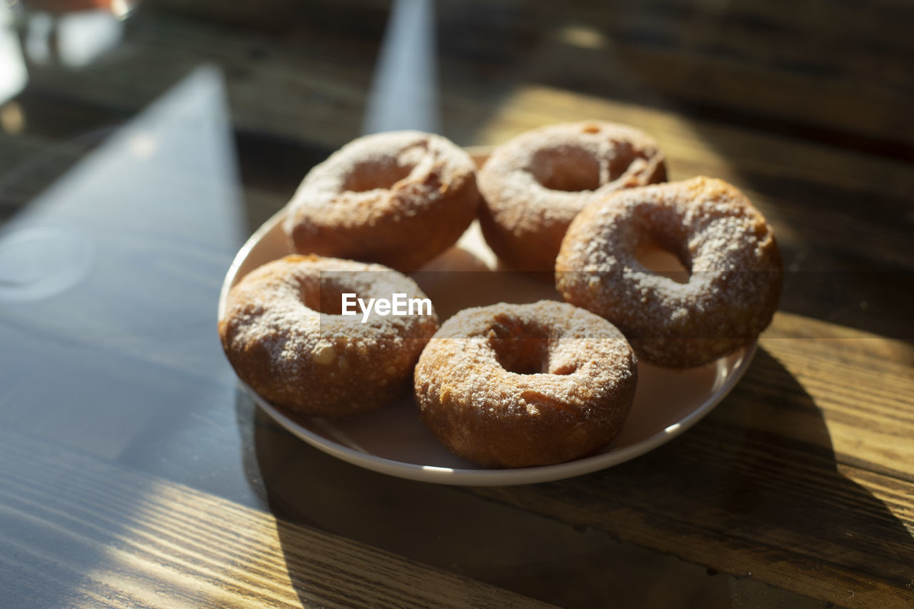 high angle view of donuts on table