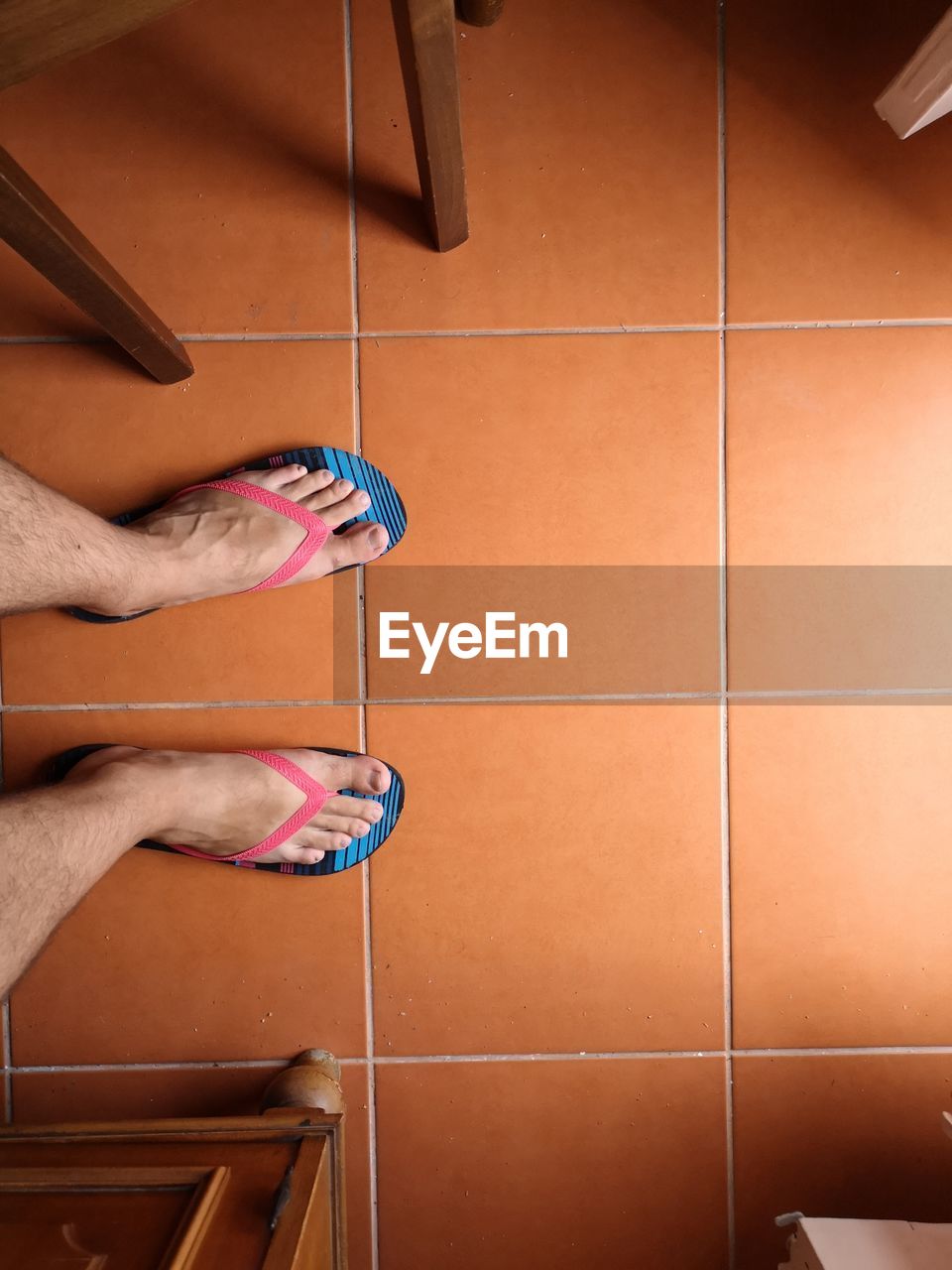 Low section of person standing on tiled floor at home