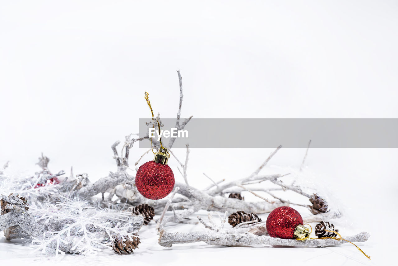 CLOSE-UP OF CHRISTMAS DECORATION AGAINST WHITE BACKGROUND