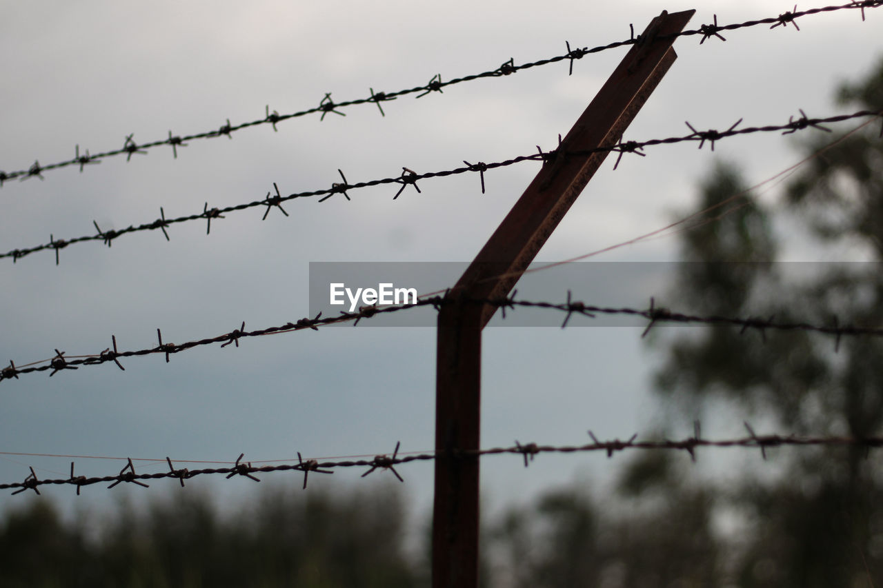 Low angle view of barbed wire against sky