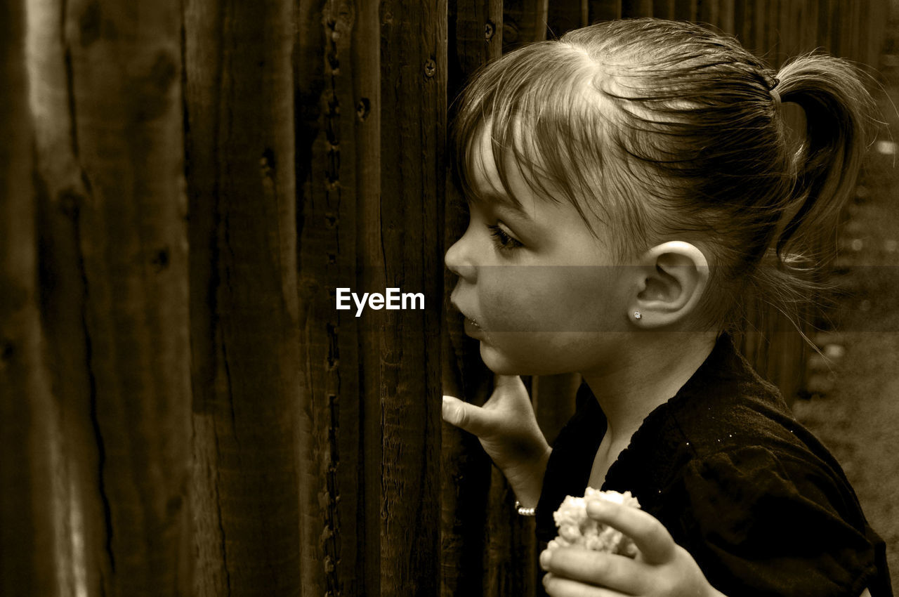 High angle view of girl standing by wooden fence