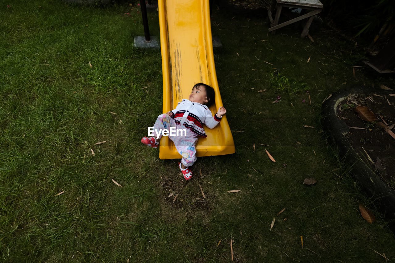 High angle view of boy on field