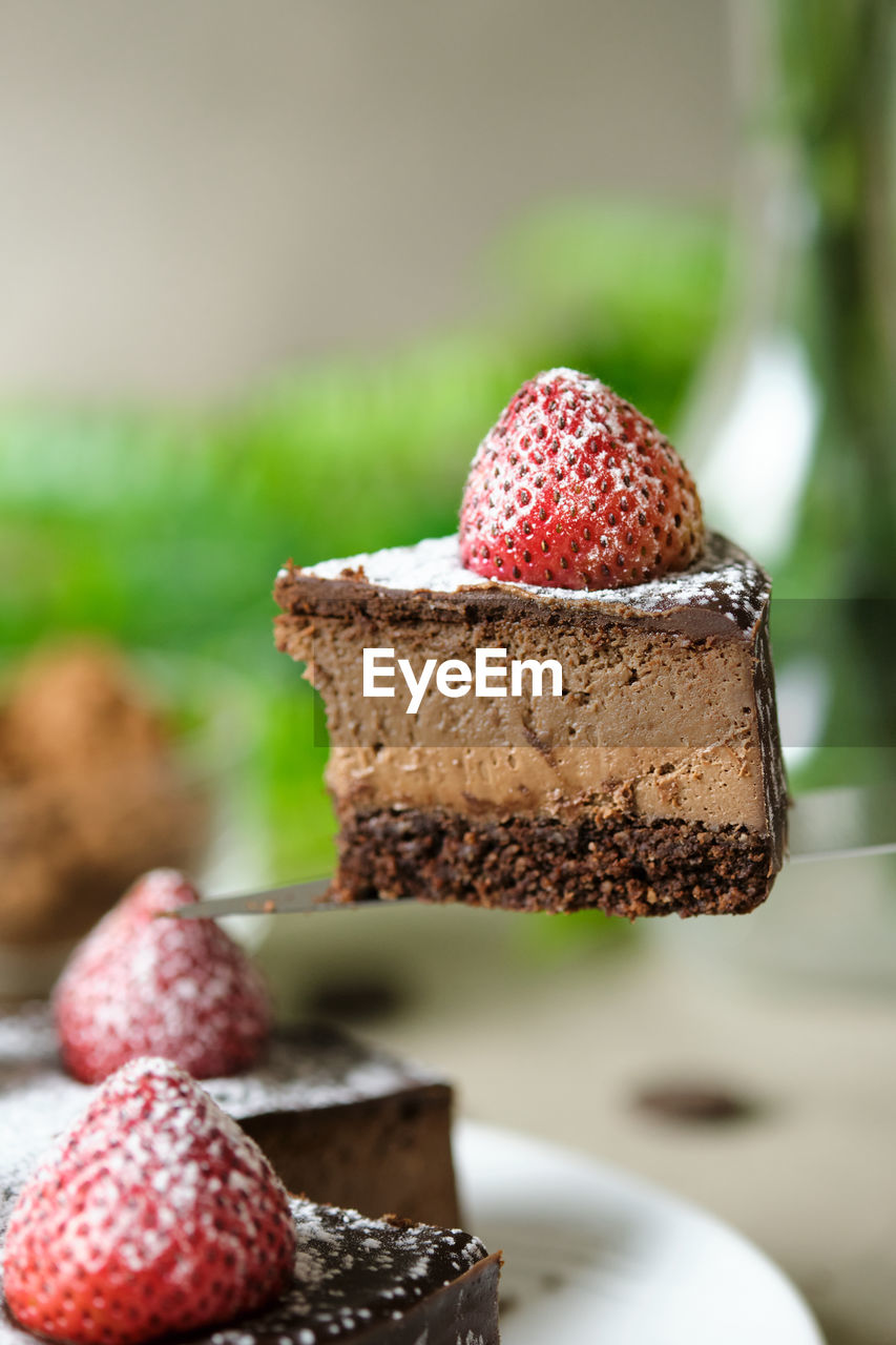 CLOSE-UP OF CHOCOLATE CAKE ON STRAWBERRY