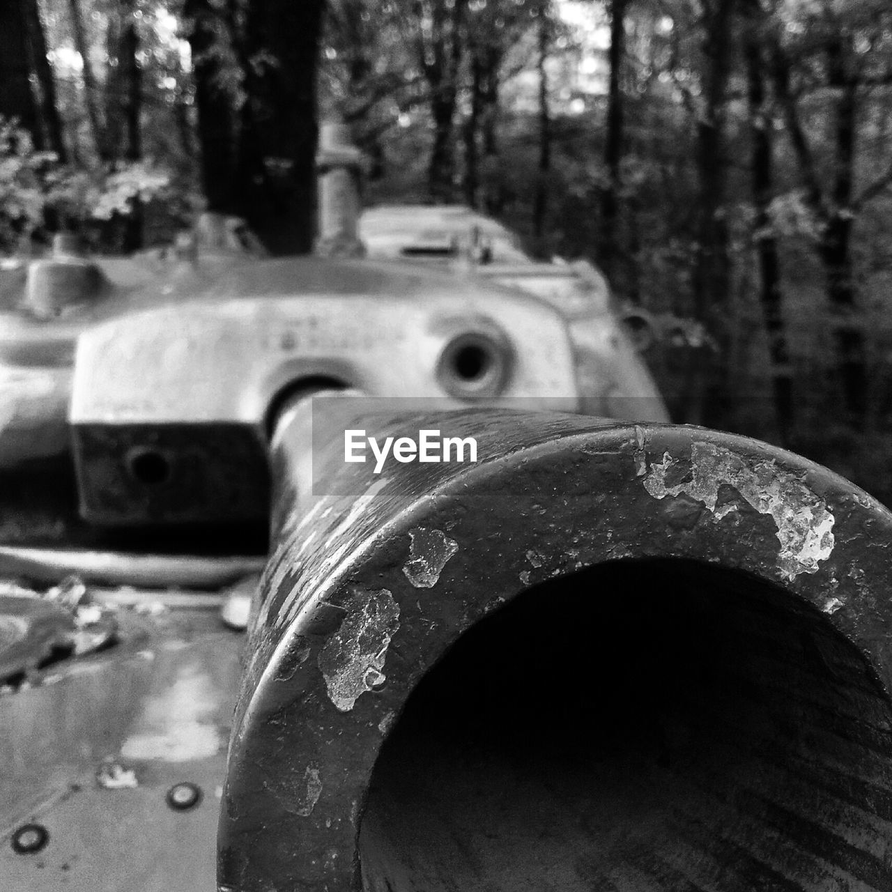 Close-up of armored tank in forest