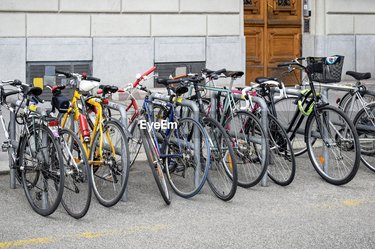 Bicycle parking in historic center of the city. active urban lifestyle. bikes on street.