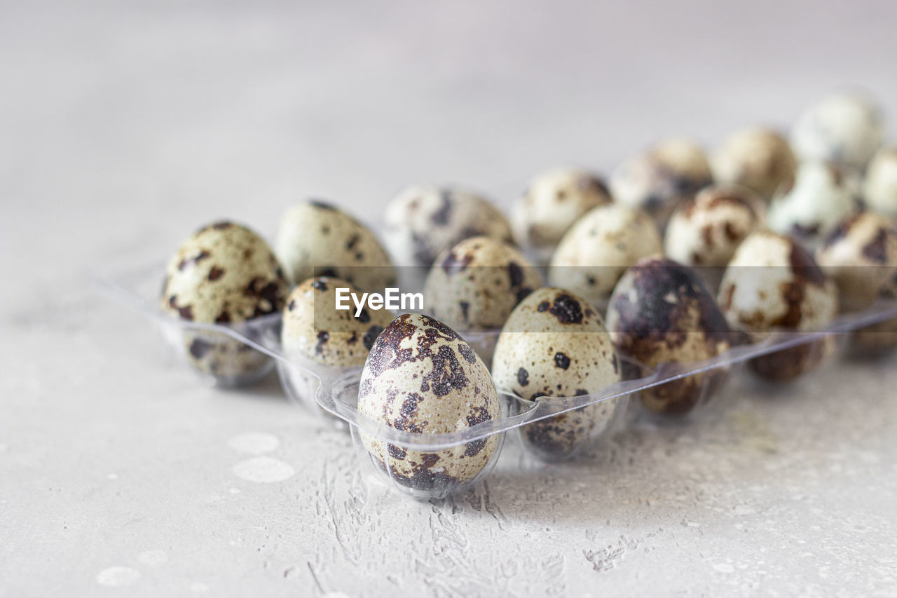 Quail eggs in a transparent plastic container.  natural organic quail eggs. 