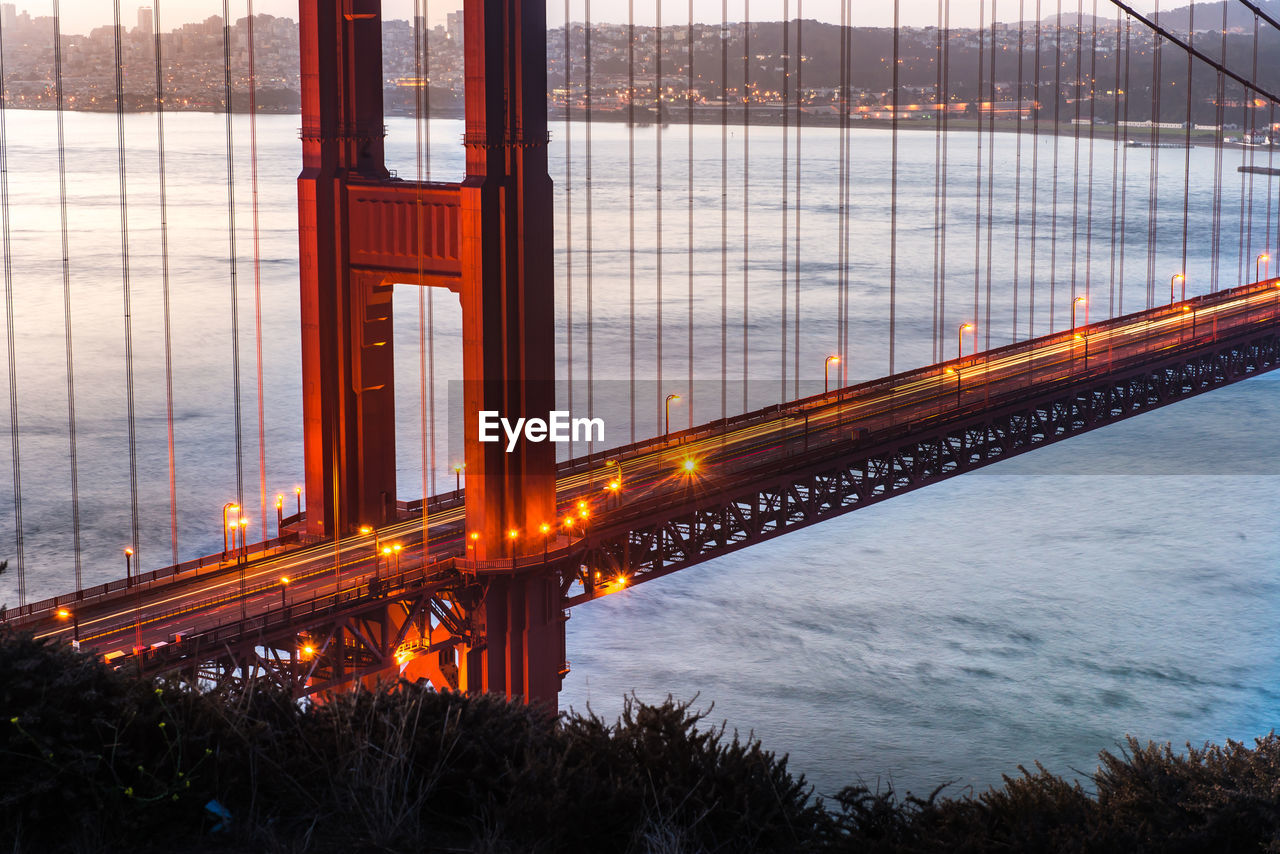 View of suspension bridge in city