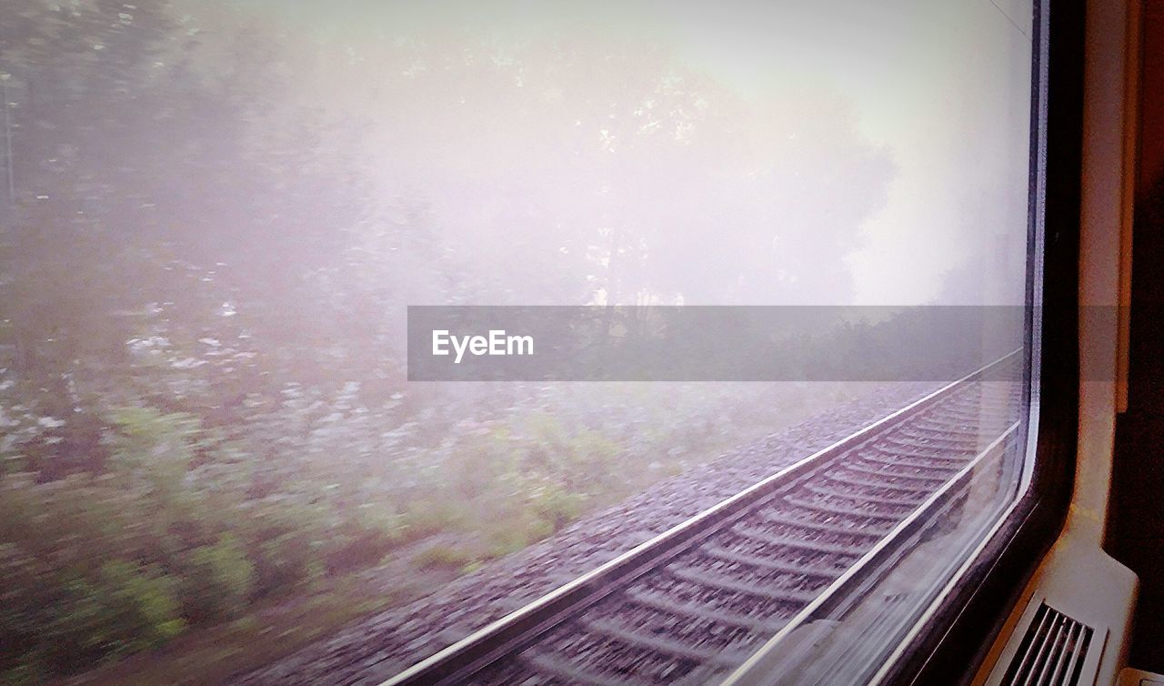 Railroad tracks by plants seen from train window