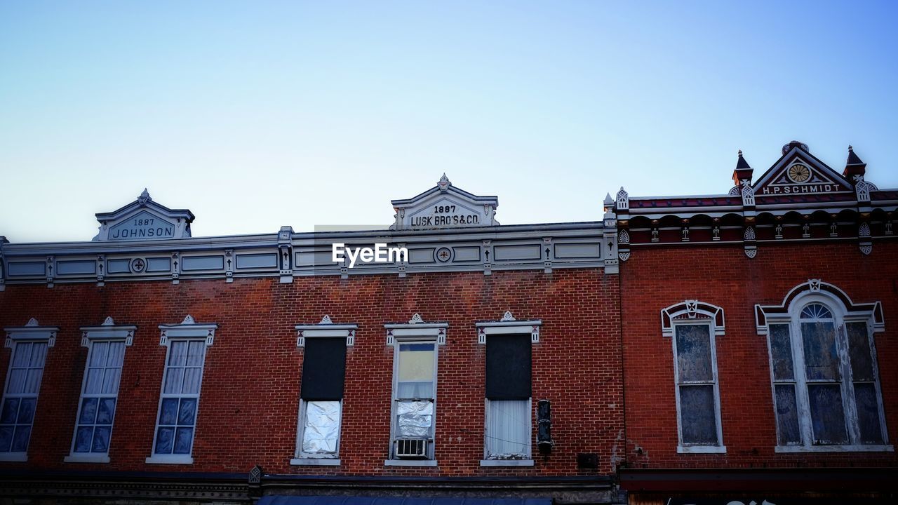 Low angle view of warren opera house against clear sky