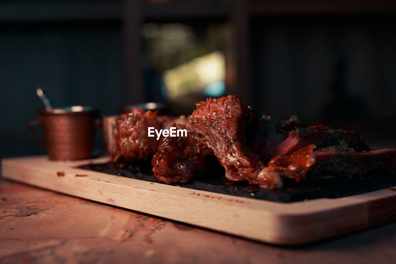 close-up of meat on cutting board