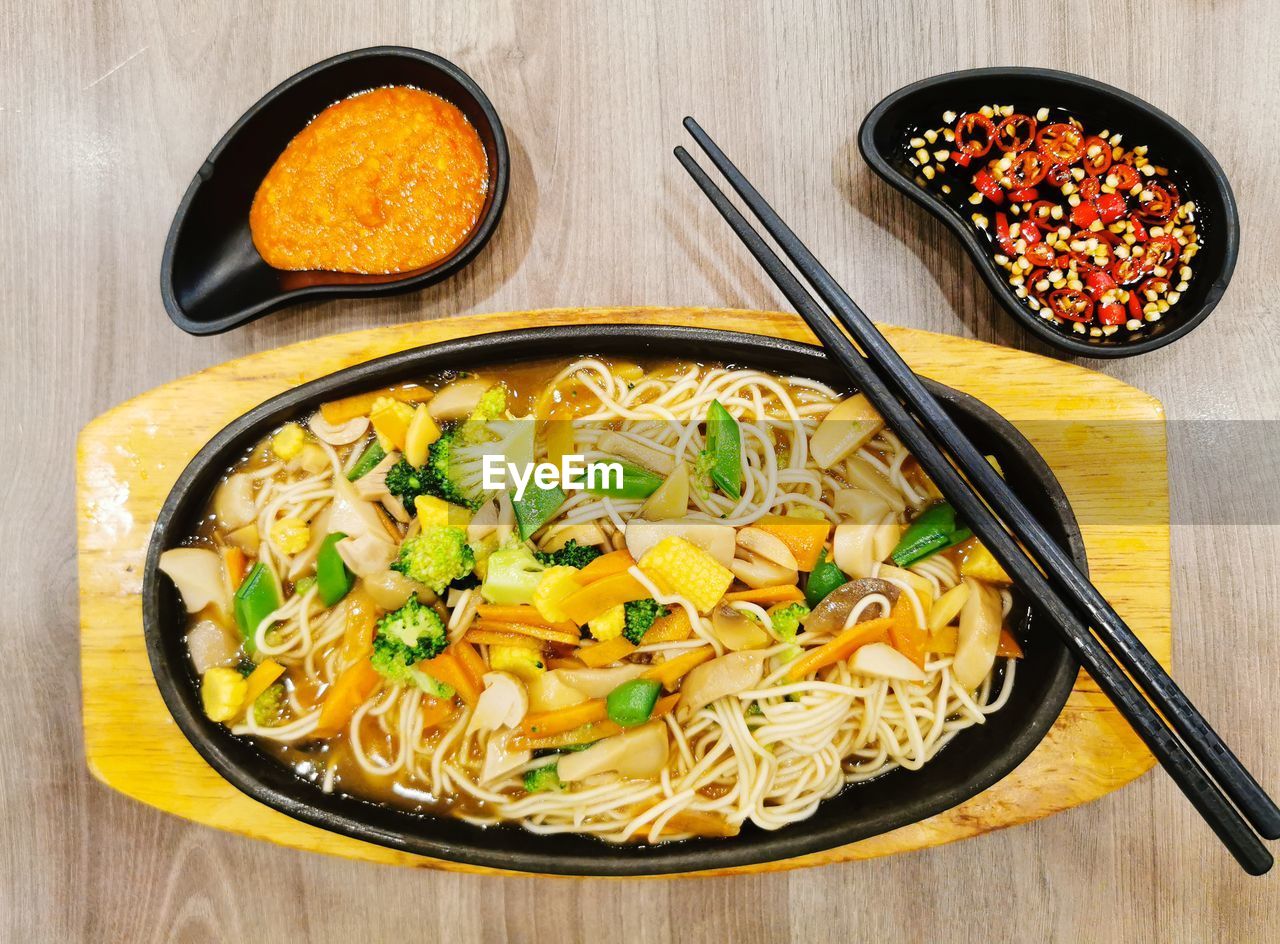 High angle view of vegetarian ramen  on table