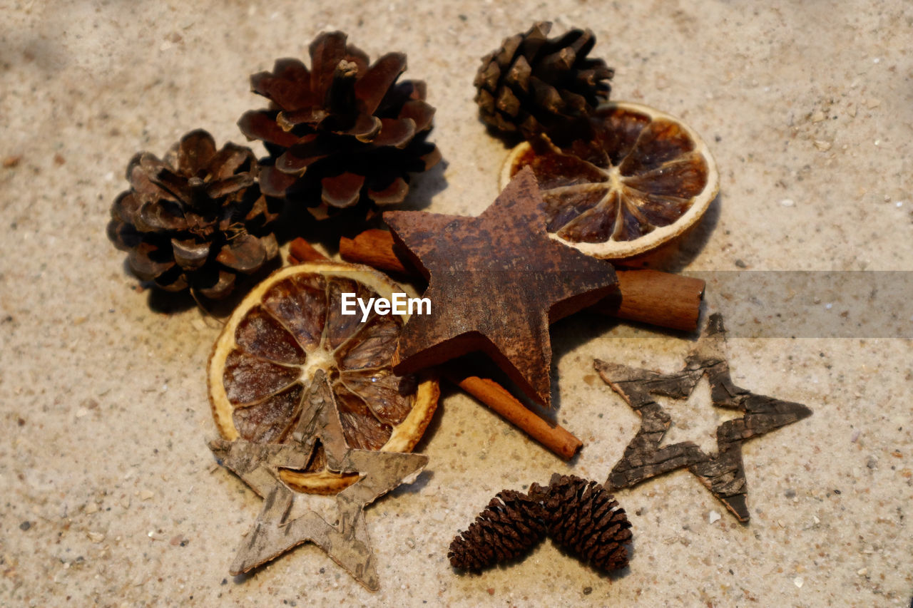 leaf, star shape, star anise, high angle view, no people, food, food and drink, nature, shape, wood, still life, spice, cinnamon, sand, tree, land, outdoors