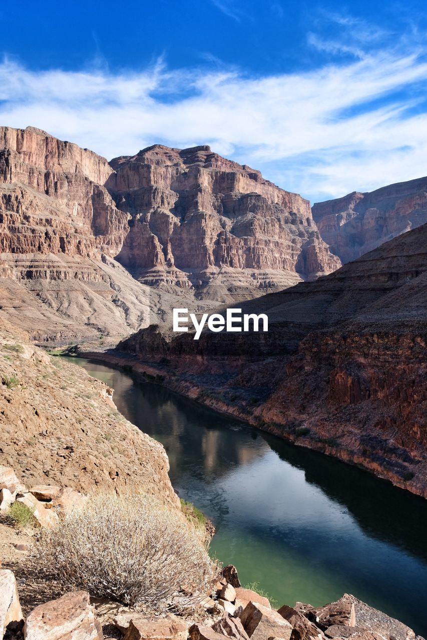 Scenic view of lake and mountains against sky