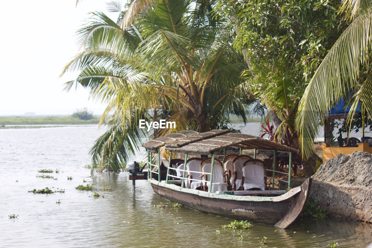 Boat moored in river by palm trees