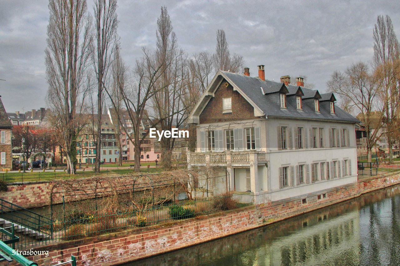 Houses and trees in city against sky