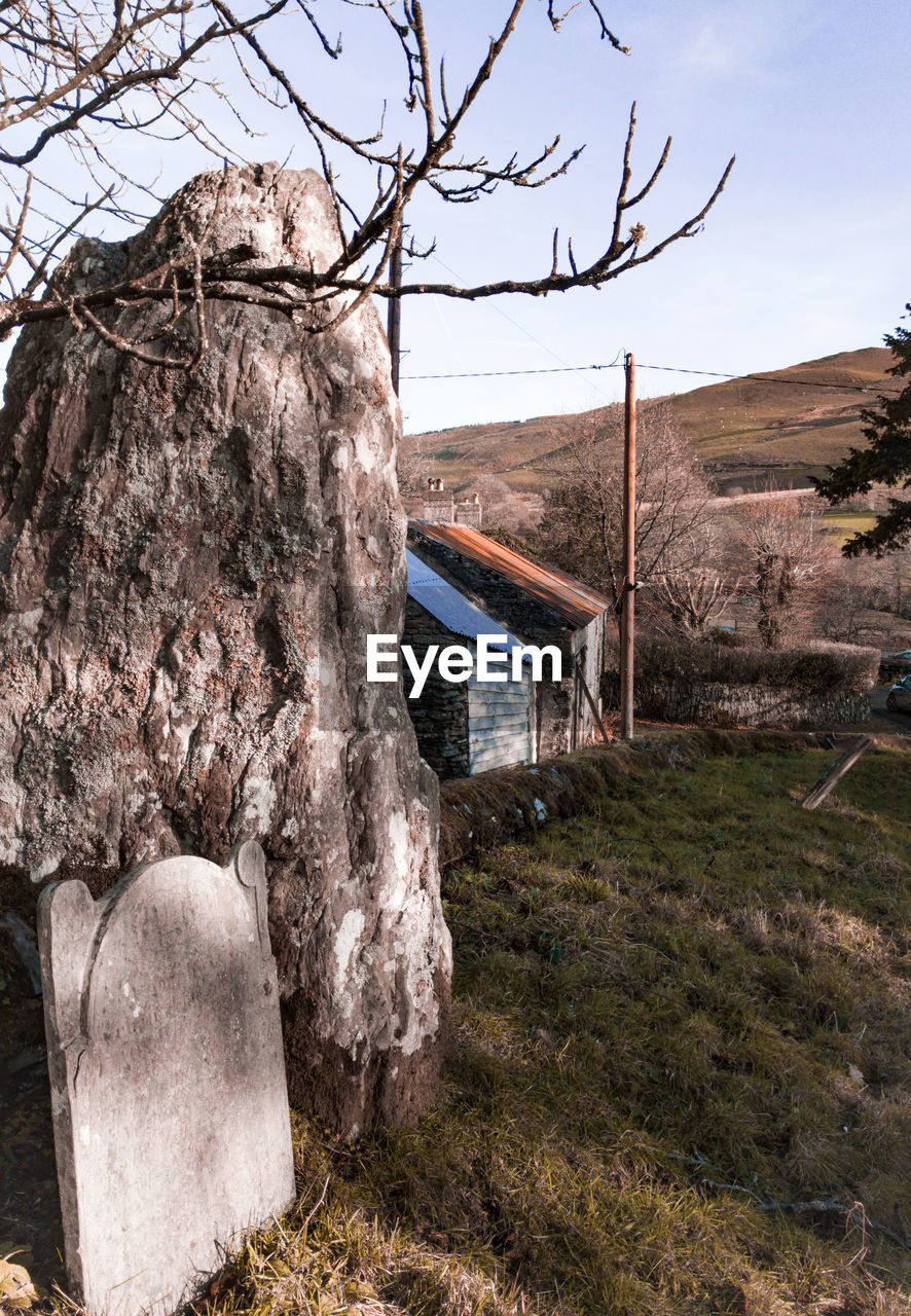 BUILT STRUCTURE ON FIELD BY TREE AGAINST SKY