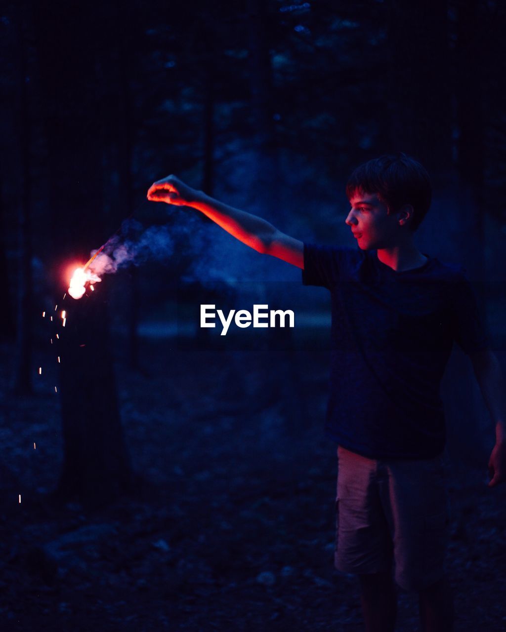 Boy holding burning stick in forest at dusk