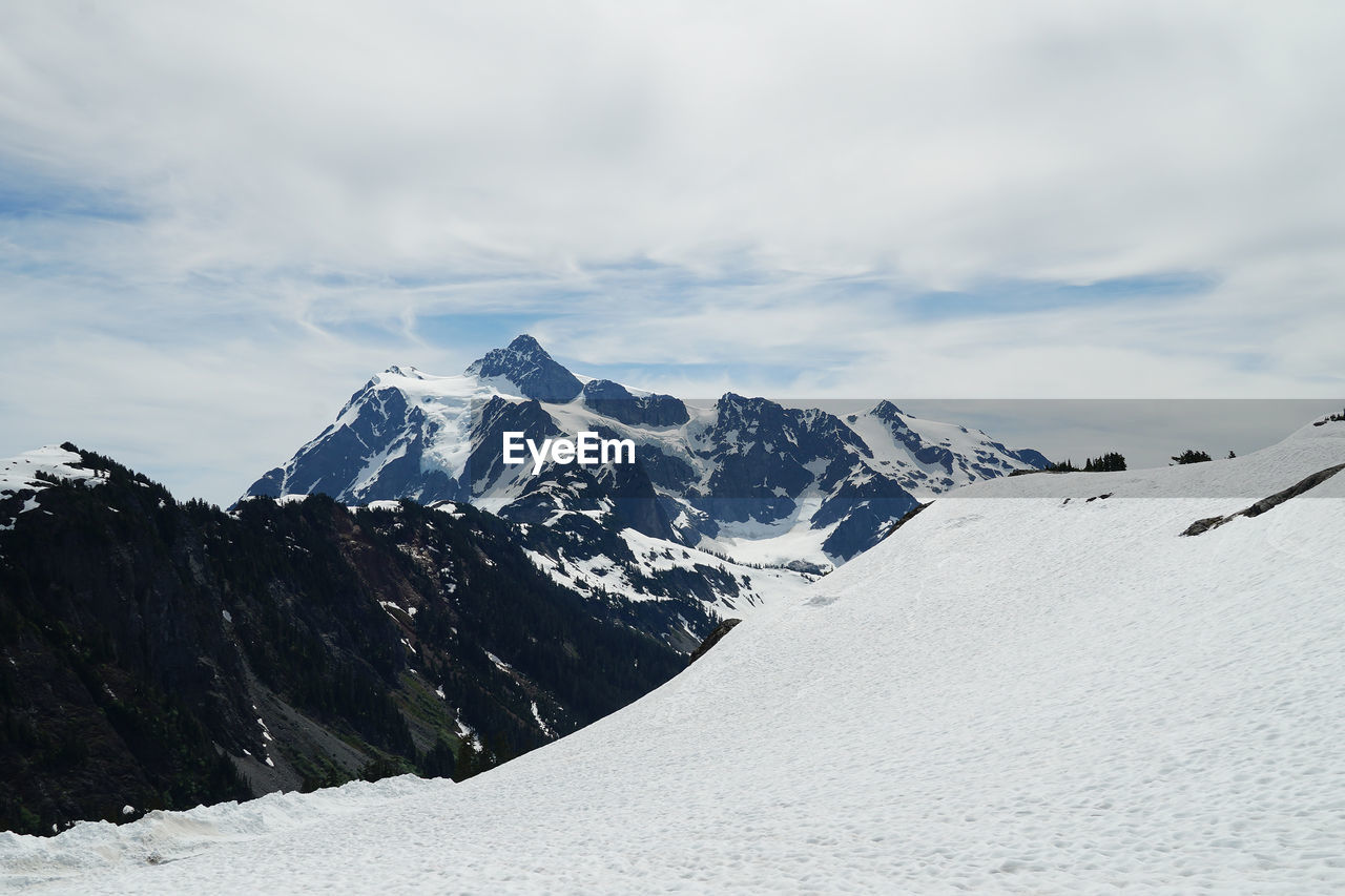 Scenic view of snow covered mountains against sky