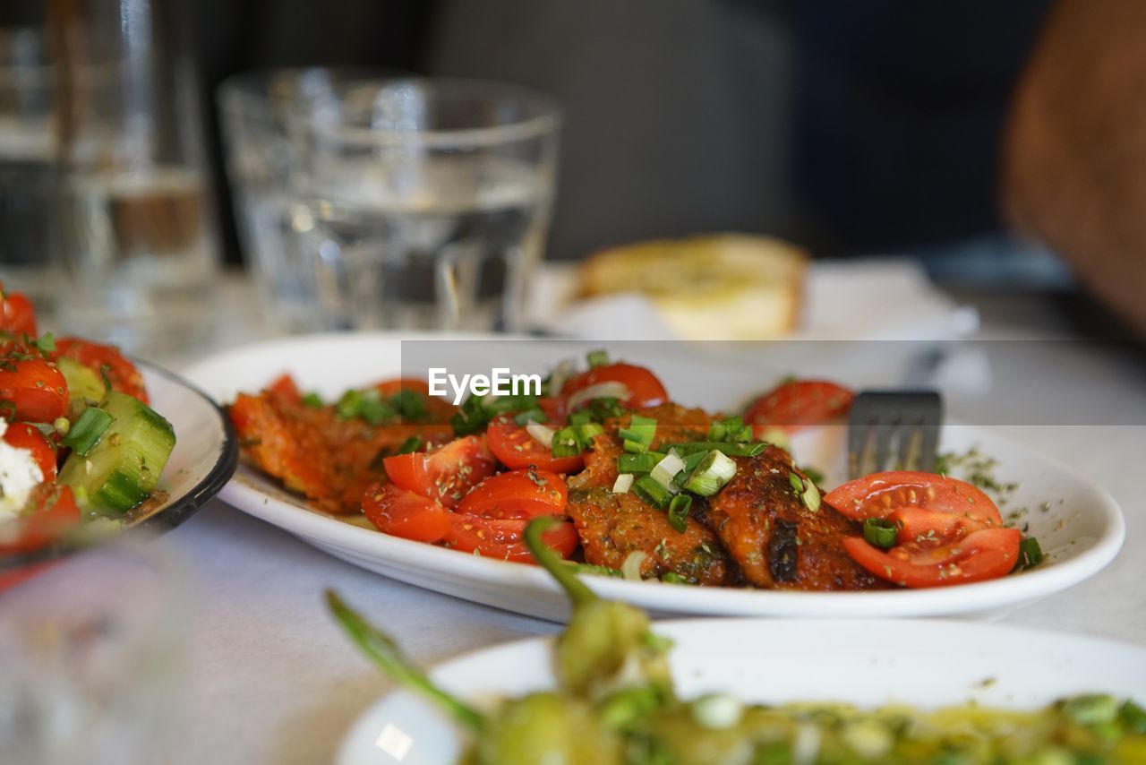 Close-up of meal served on table