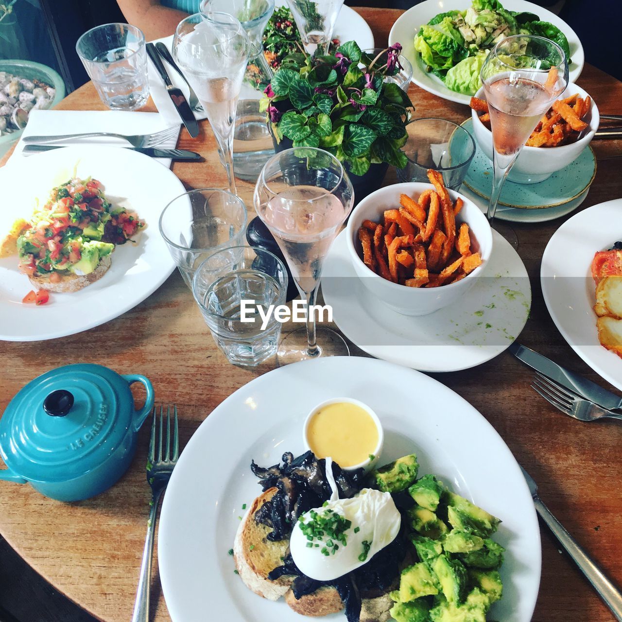 High angle view of food and drink on table