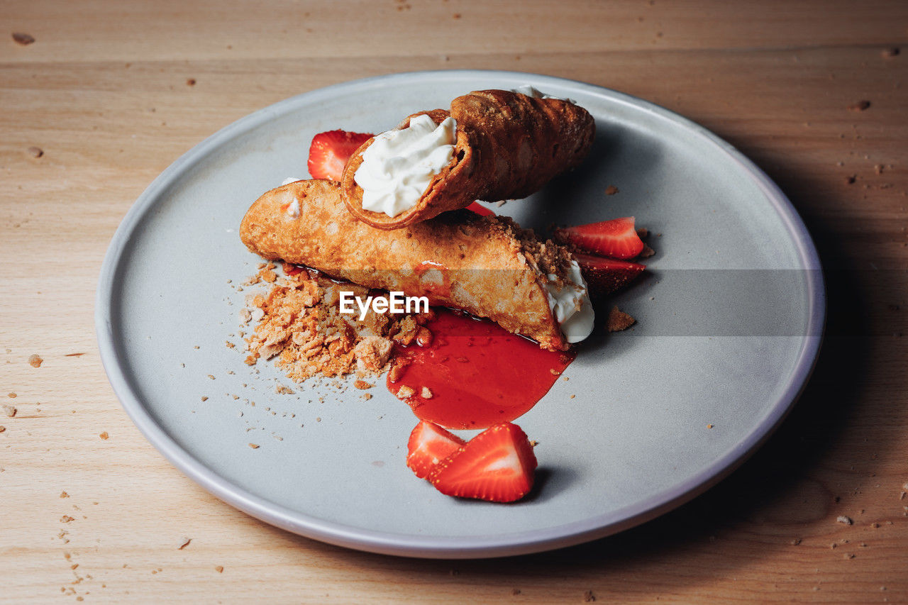 high angle view of food served in plate on table