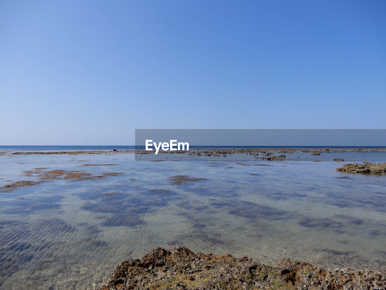 Scenic view of beach against clear blue sky