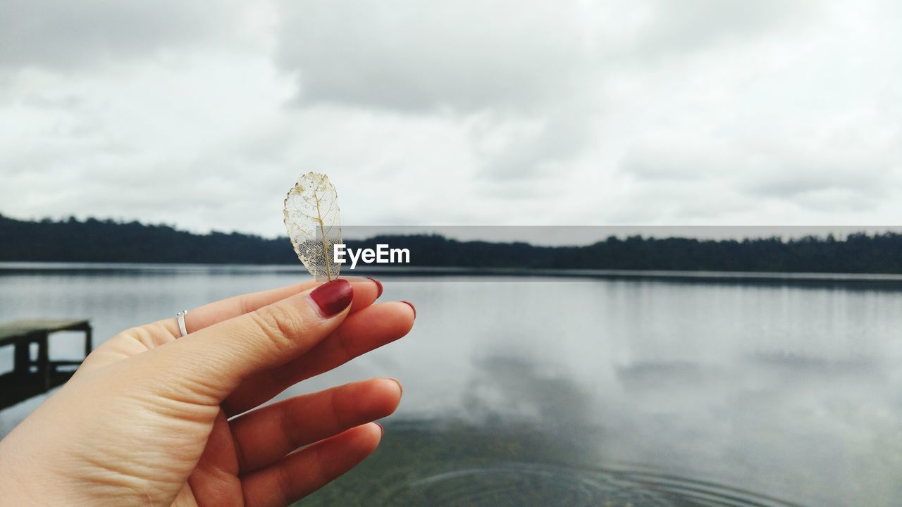 Cropped image of woman holding leaf over lake against sky