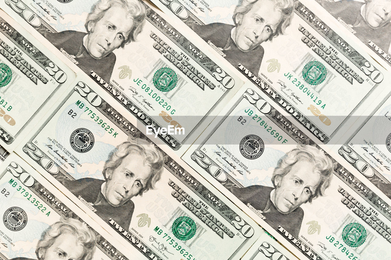 Top view of many dollar bills background