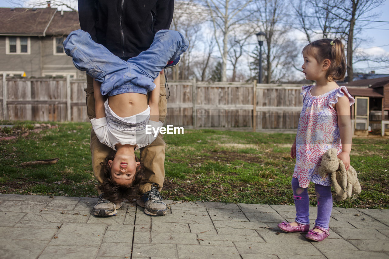 Cute girl looking at father carrying brother upside down while standing in backyard