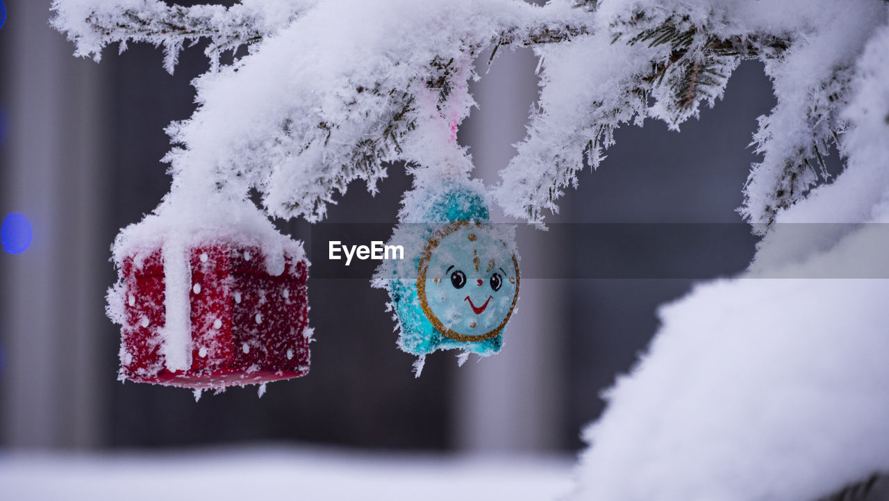 Decorated christmas tree covered with snow in a cold day