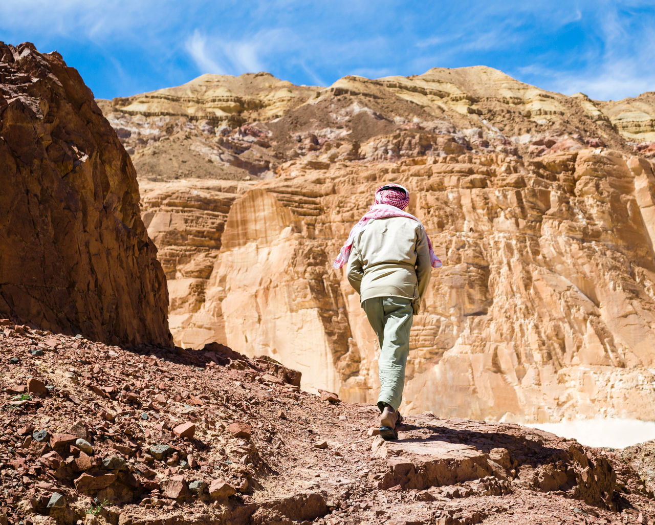 Rear view of man walking on rock formation