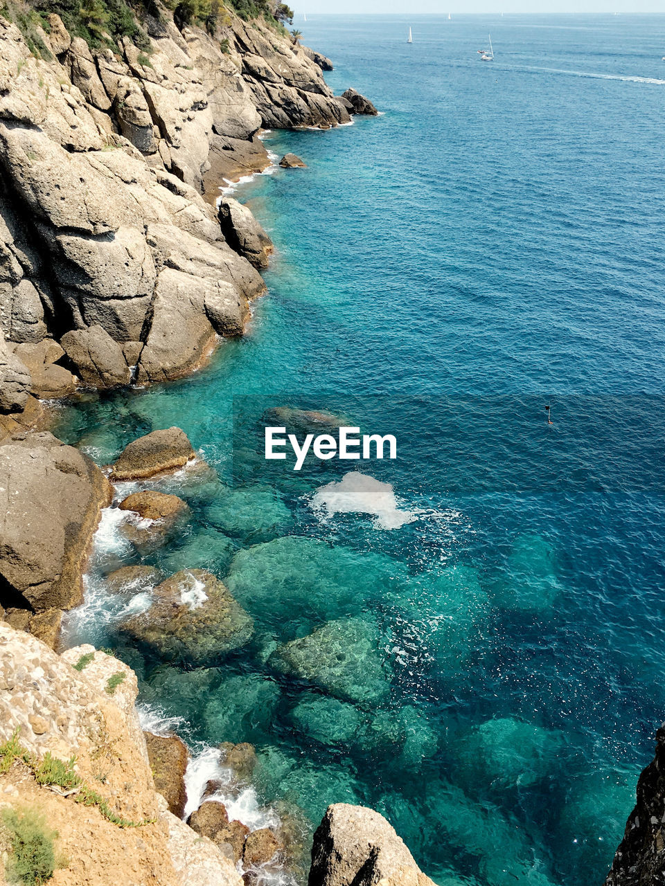 High angle view of rocks on sea shore