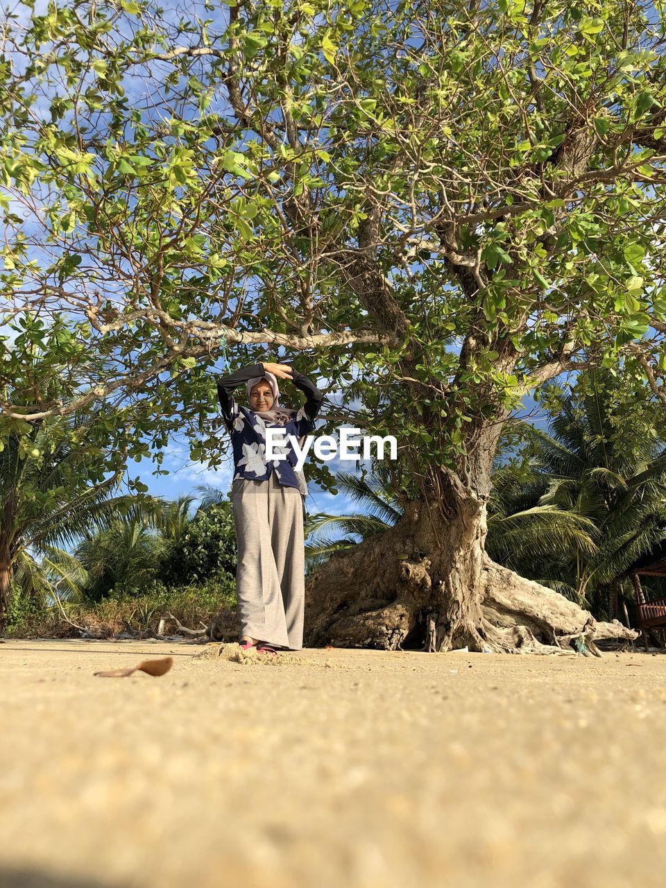 Woman standing by tree trunk