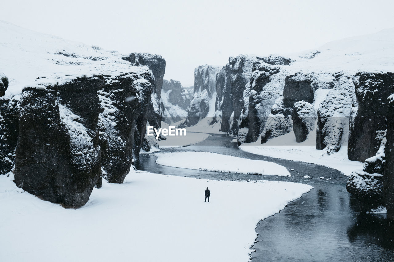 Scenic view of snow covered mountains against clear sky