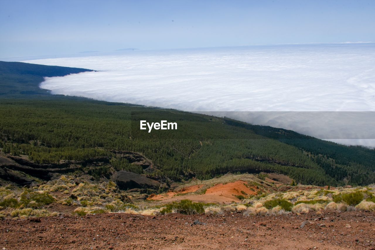 Scenic view of landscape by sea against sky