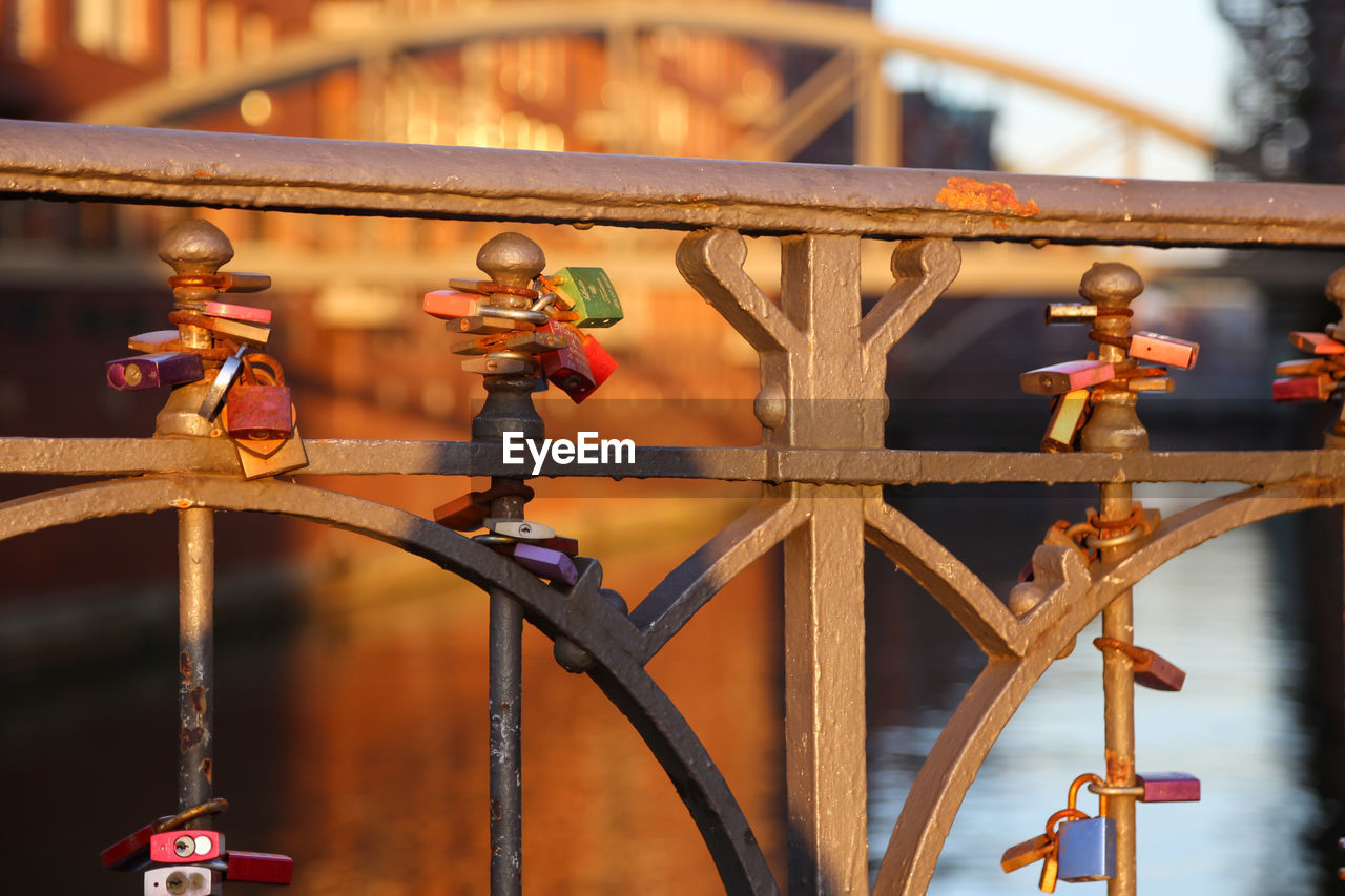 Close-up of metal railing on bridge