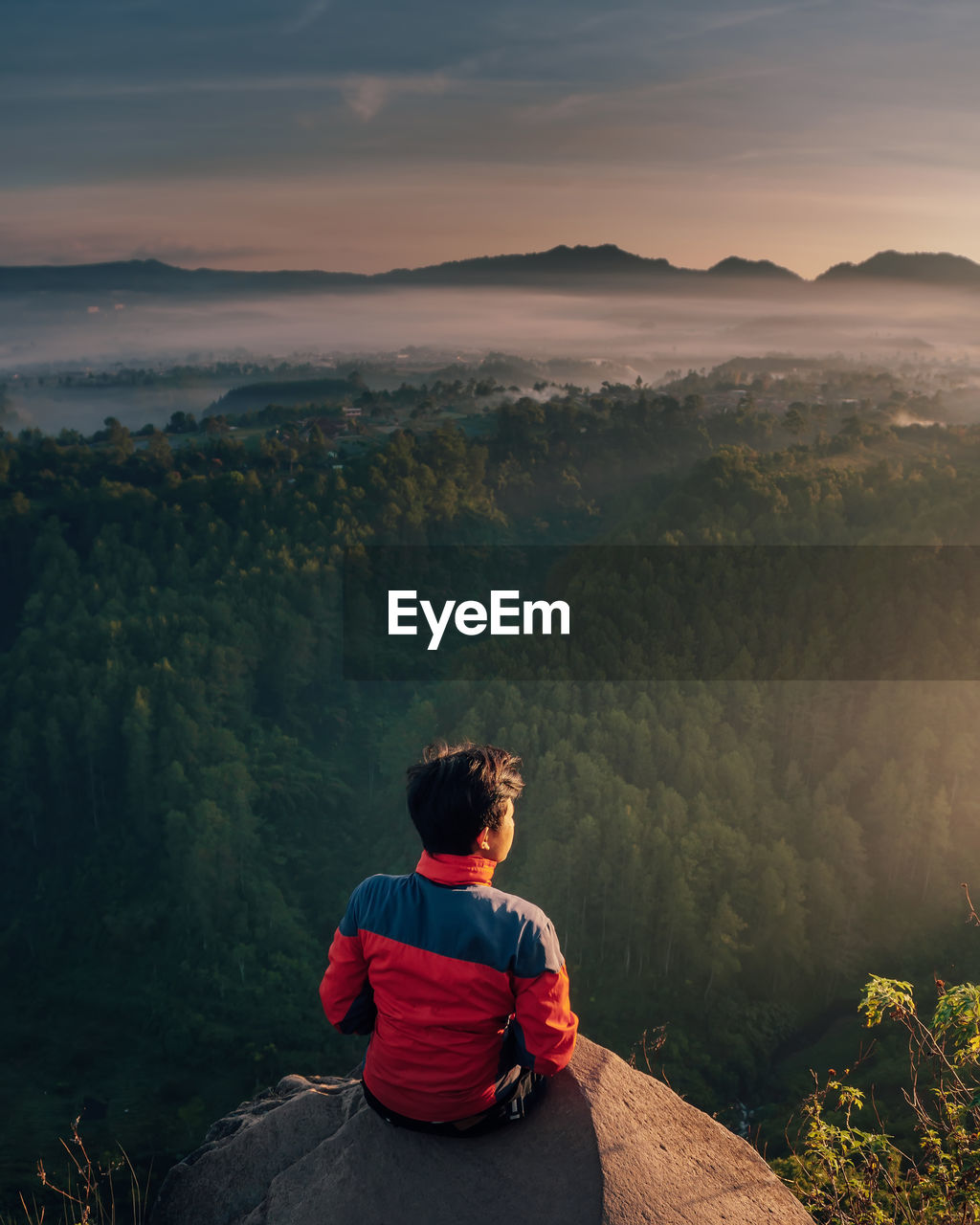 Rear view of man looking at mountains while sitting on rock